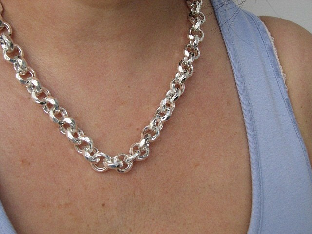 12mm Hammered Rolo Chain 22 inch Necklace Sterling Silver 925