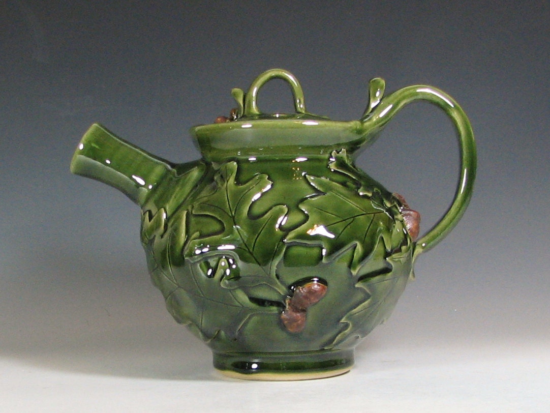 Teapot ceramic, oak leaf acorn, fall autumn serving entertaining, home decor, glazed in green, handmade stoneware by hughes pottery