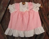 Pink Eyelet Pinafore over Pink Rosebud Print Vintage Girls Dress 1970s 1980s