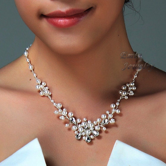 White Pearl Rhinestone Vine Bridal Necklace - Swarovski Pearls Wire Wrapped Austrian Crystal Silver Brides Bridesmaid Wedding Gifts