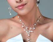 White Swarovski Pearl Y Shape Vine Bridal Set - Necklace Earrings Wedding jewelry Set for Brides and bridesmaids