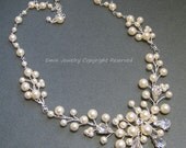 Ivory Pearl Rhinestone Vine Bridal Necklace - Swarovski Pearls Wire Wrapped Austrian Crystal Silver Brides Bridesmaid Wedding Gifts