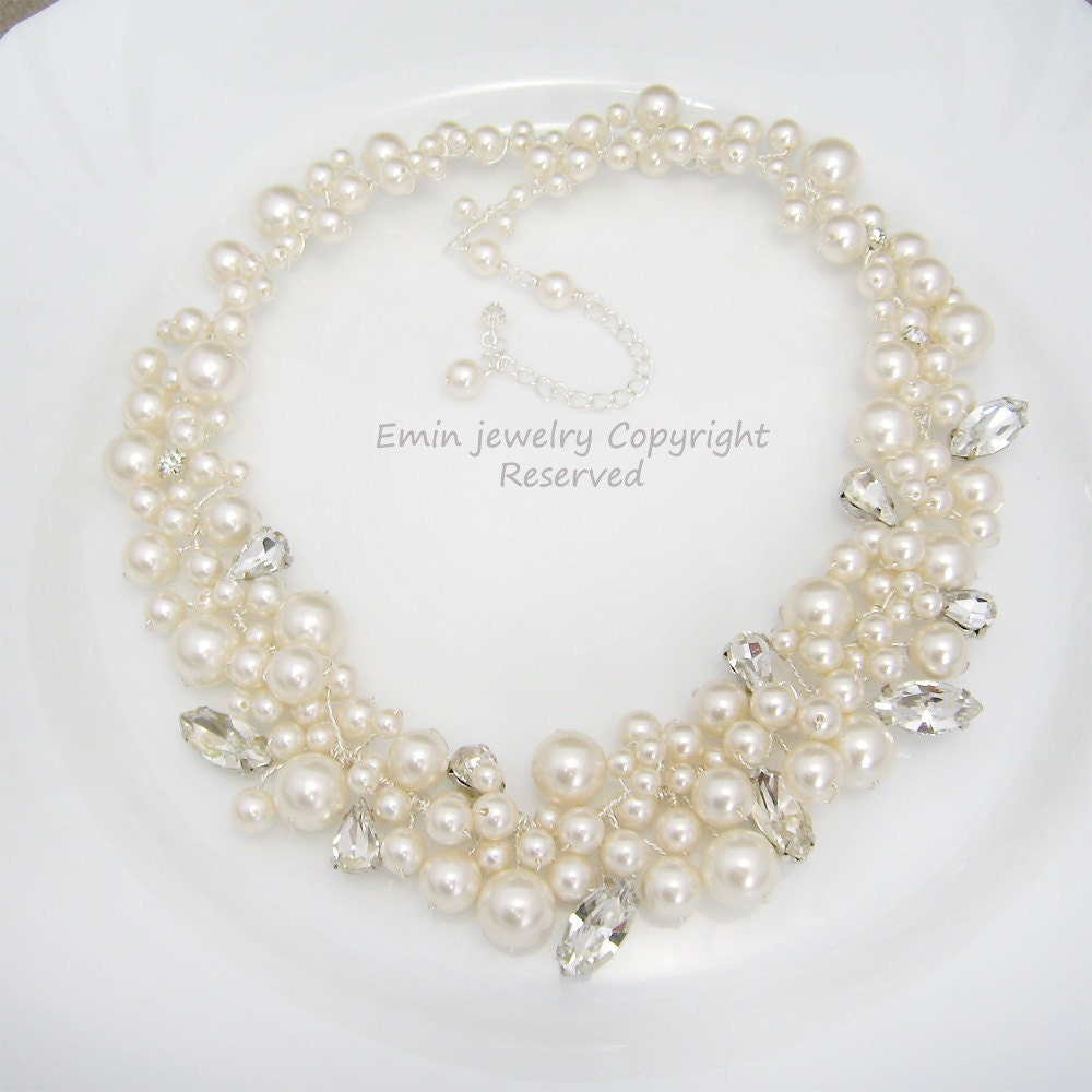Ivory Pearl Bridal Necklace,  Vintage Wedding Necklace, Rhinestone Chunky Wedding Necklace, Multistrands, Statement Wedding Jewellery