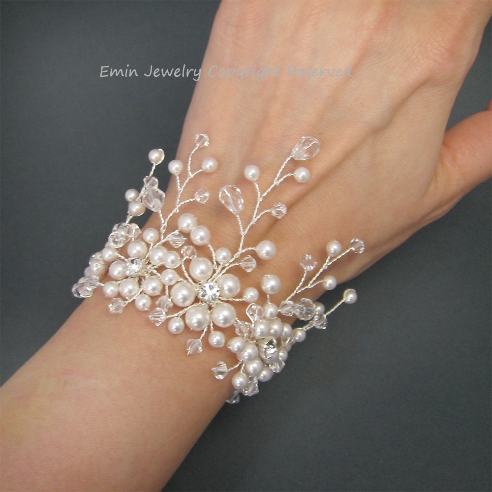 Bridal Bracelet, White Pearl Rhinestone Bracelet, Pearl Wedding Bracelet, Crystal Wide Bracelet, Bridesmaids Bride Jewelry