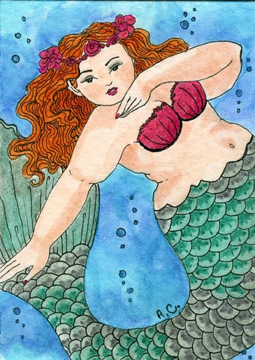 Fat girl mermaid green 5x7 print