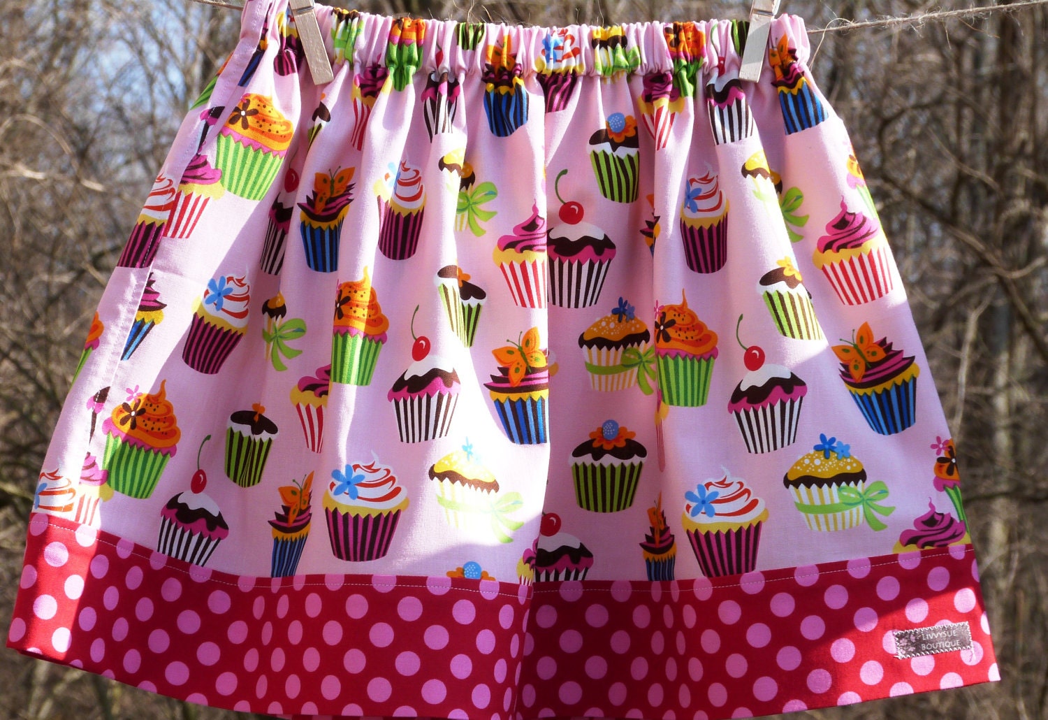 Girls Cupcake Skirt - Olivia Skirt in Sweet Tooth Cupcakes in pink  - available in sizes 1, 2, 3, 4, 5, and 6