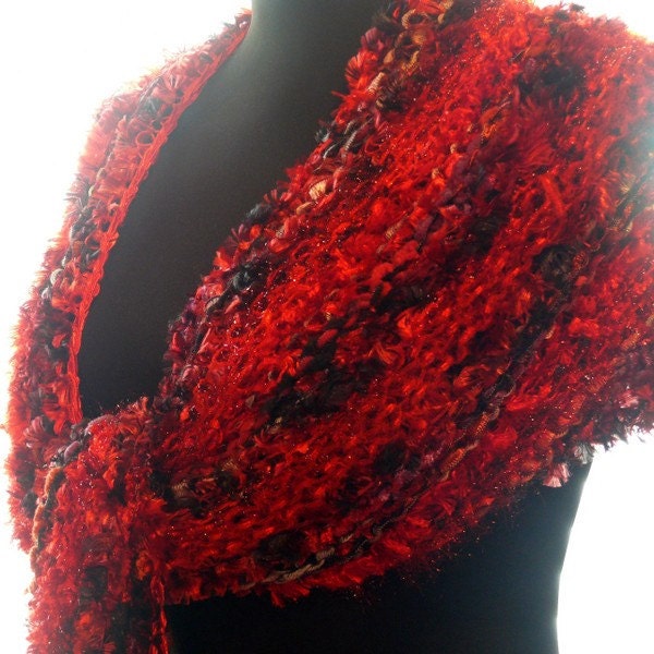 Hand Knit Shawl in Red and Black - Moulin Rouge
