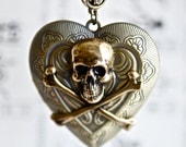 Love Affair - Heart Locket Skull Crossbones Bronze Necklace