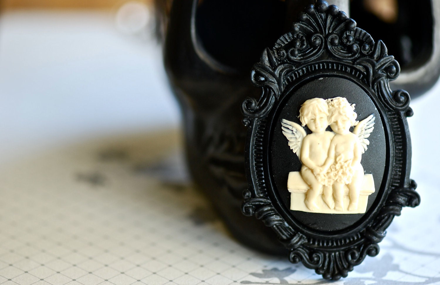 NEW - Siamese Angels Black Ornate Victorian Necklace - Ivory Black Twins Cameo 40x30mm