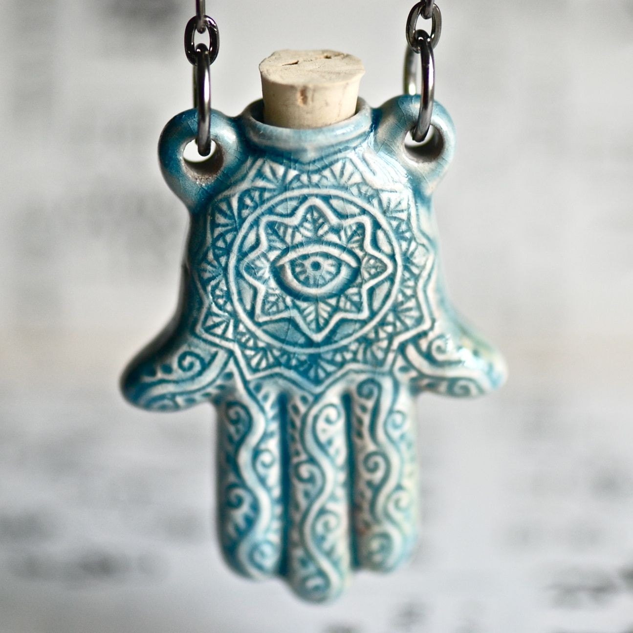 HAMSA HAND Necklace - Raku Style Peruvian ceramic bottle