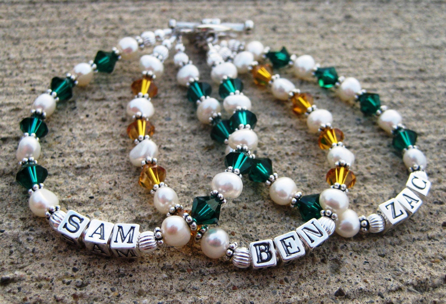 Mothers Name Bracelet Sterling Pearl/Swarovski Crystal Bracelet- Three Strands