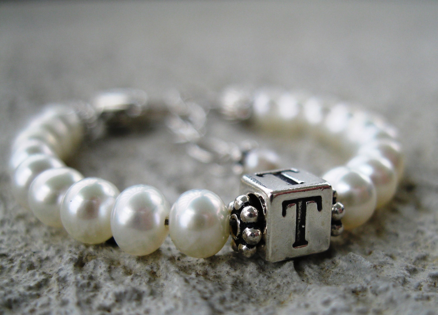 Baptism Gift Baby/Girl/Child Initial Name Bracelet- Freshwater Pearl, Sterling Silver, - 1st Communion, Wedding,