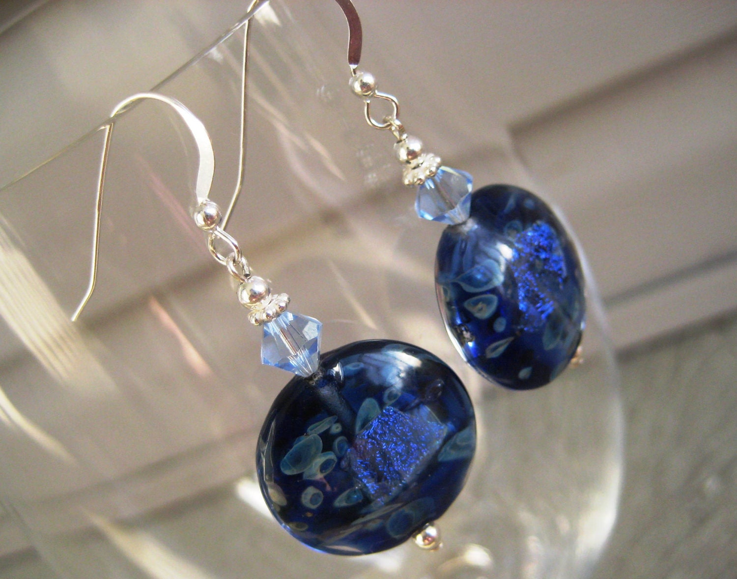 Ocean Calling Earrings- Lampwork Glass Earrings, Sterling Silver, Swarovski Crystal- Blue, Light Sapphire