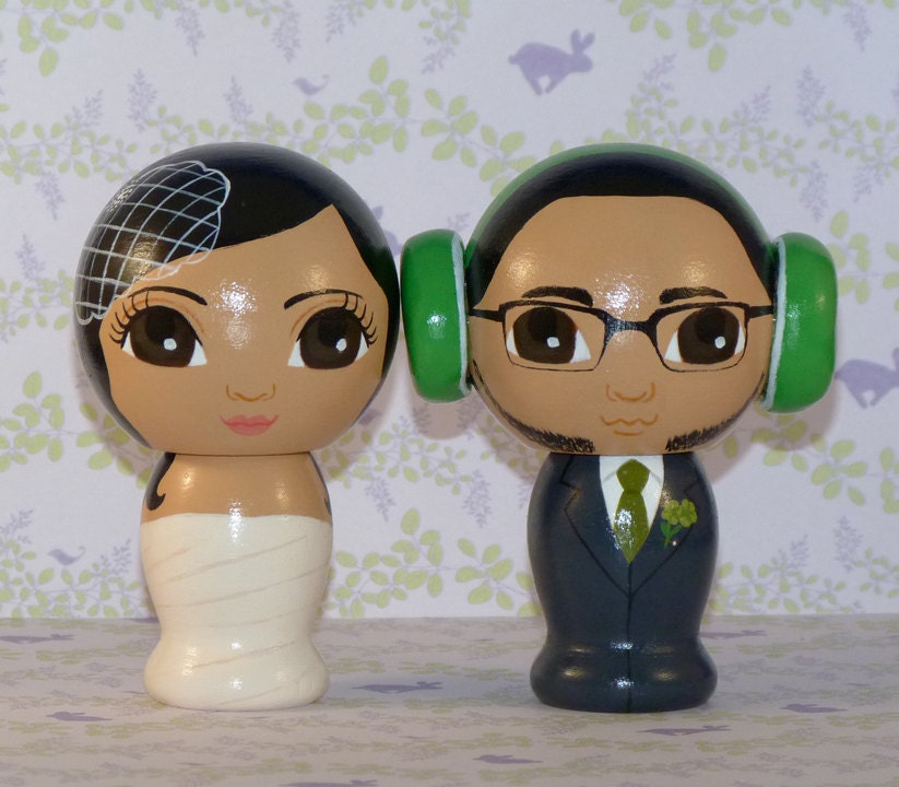 Custom Wedding Cake Toppers Hand Painted on Wooden Kokeshi Dolls with Headphones