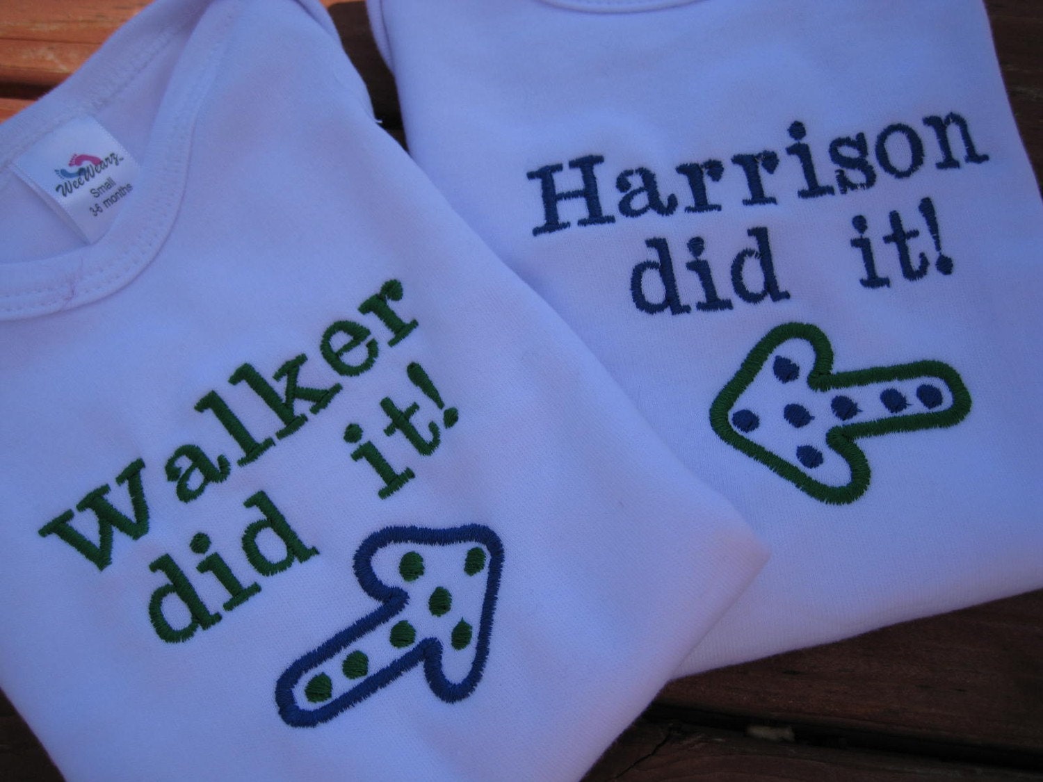 RESERVED Personalized Twins Shirt Gift Set He did it, She did it, Embroidered Twin Onesies.