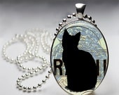 Black Cat Necklace Oval - Silver Bezel 30x40mm with Chain
