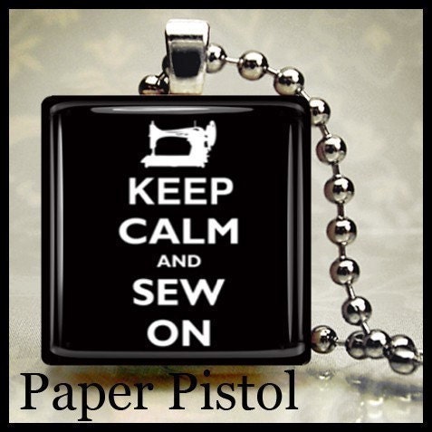 Keep Calm and Sew On Black Scrabble Tile Pendant