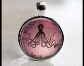 Purple Octopus Necklace Jewelry Silver Bezel with Chain