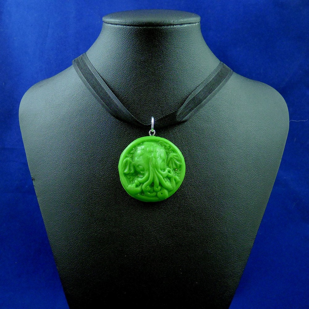 Bright Green Small Cthulhu Cameo Necklace with Chain - Handmade Polymer Clay Jewelry