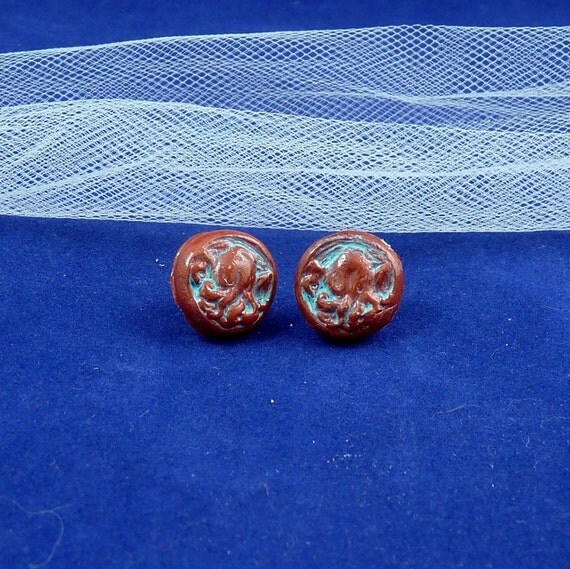 Verdigris Copper Cthulhu Cameo Earrings - Polymer Clay Horror Jewelry
