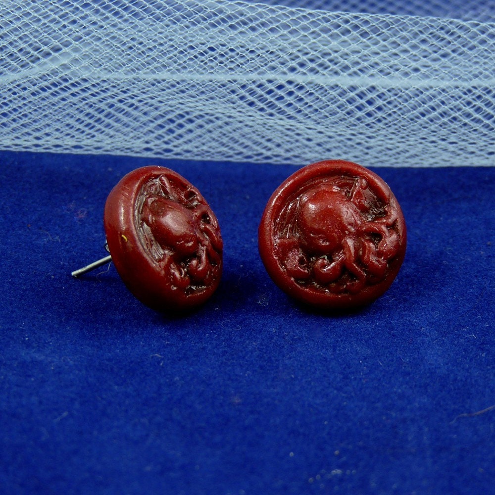 Burgundy Cthulhu Cameo Earrings - Polymer Clay Lovecraft Jewelry
