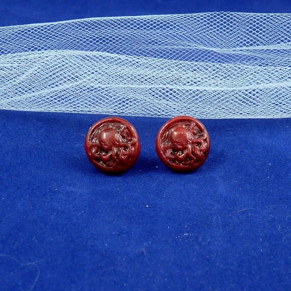 Burgundy Cthulhu Cameo Earrings - Polymer Clay Lovecraft Jewelry