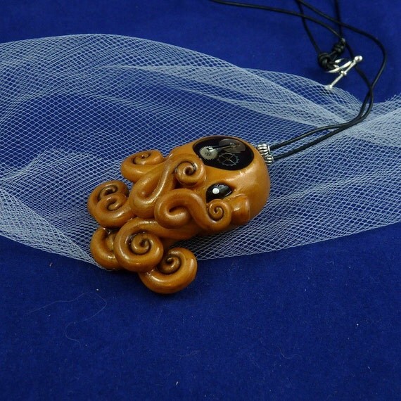 Brass Steampunk Octopus Necklace -  Polymer Clay Neo-Victorian Pendant