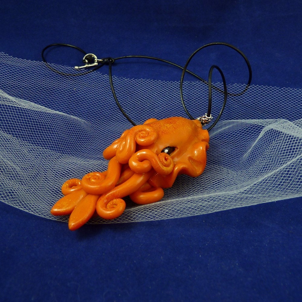 Orange Cuttlefish Necklace - Handmade Polymer Clay Jewelry