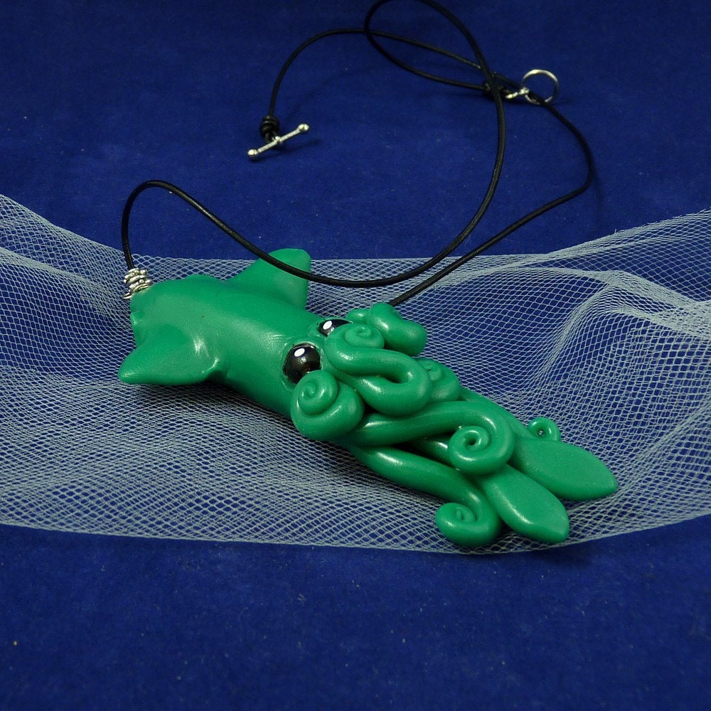 Jade Squid Necklace - Handmade Polymer Clay Jewelry