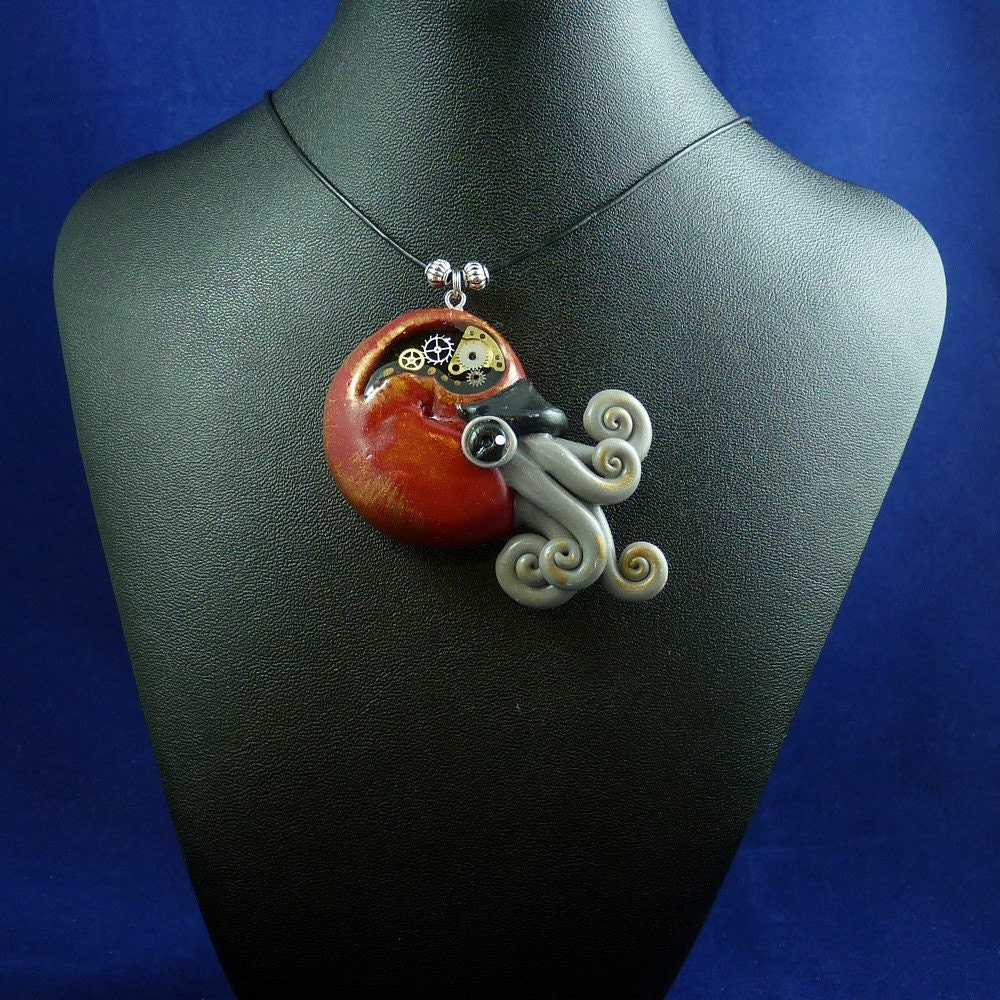 Gilded Steampunk Nautilus Necklace - Polymer Clay Neo-Victorian Cephalopod Pendant