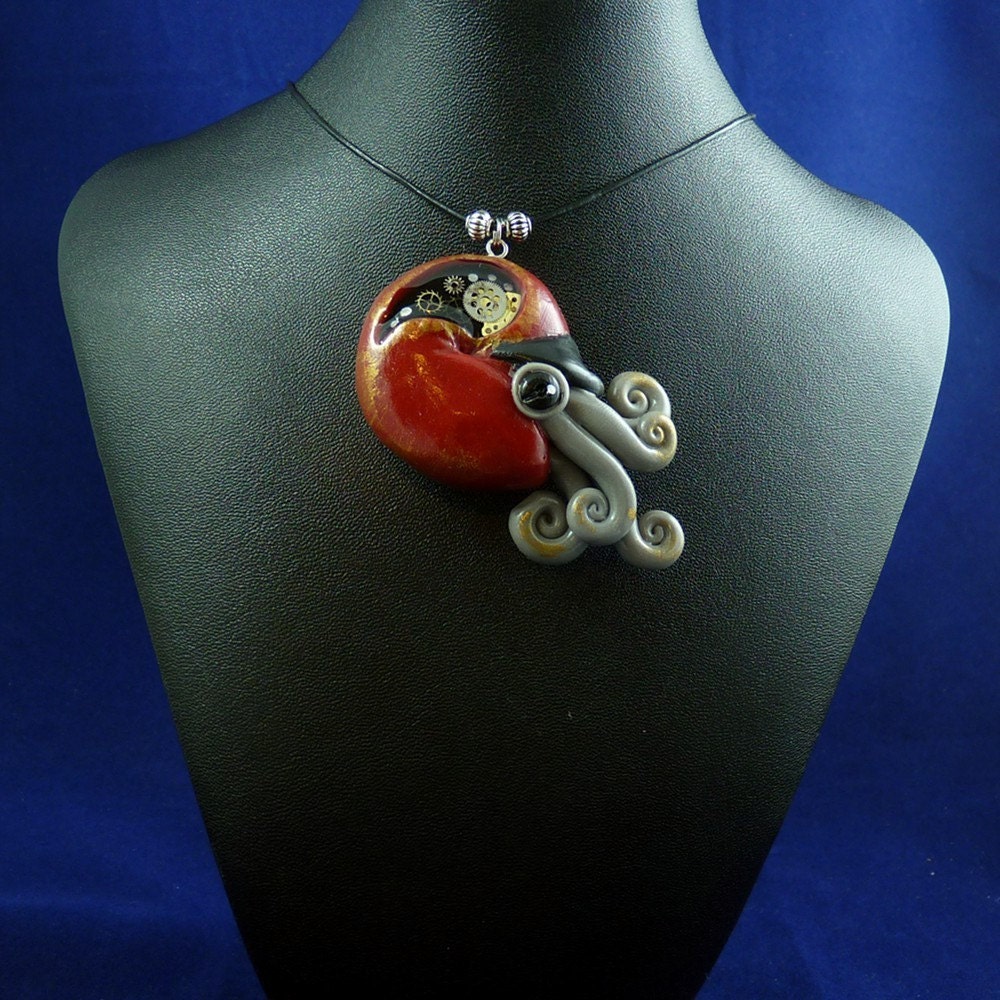 Gilded Steampunk Nautilus Necklace - Polymer Clay Cephalopod Jewelry