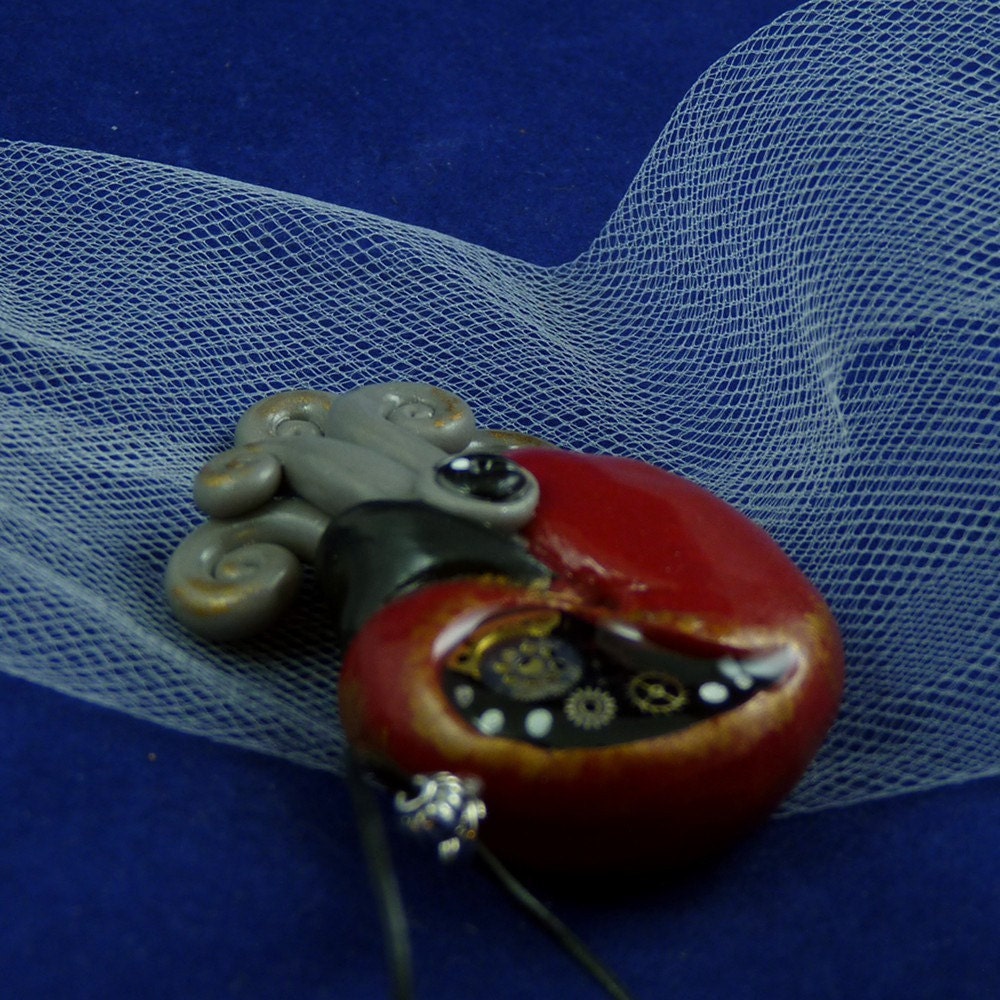 Gilded Steampunk Nautilus Necklace - Polymer Clay Cephalopod Jewelry
