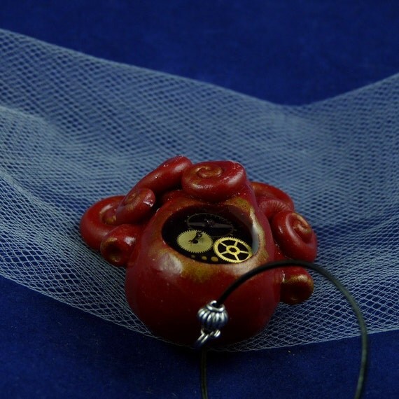 Gilded Steampunk Octopus Necklace -  Polymer Clay Neo-Victorian Jewelry