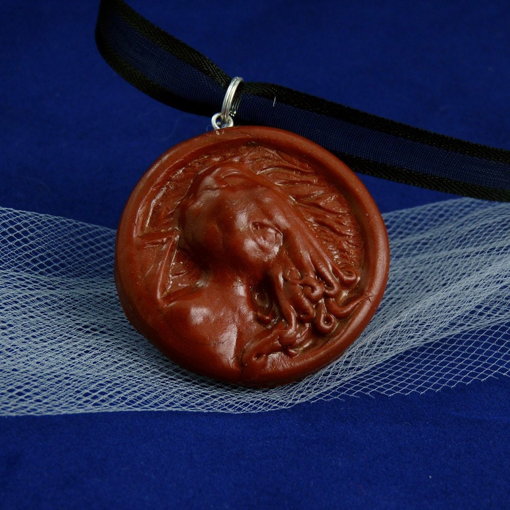 Copper Cthulhu Cameo Necklace - Polymer Clay Horror Jewelry