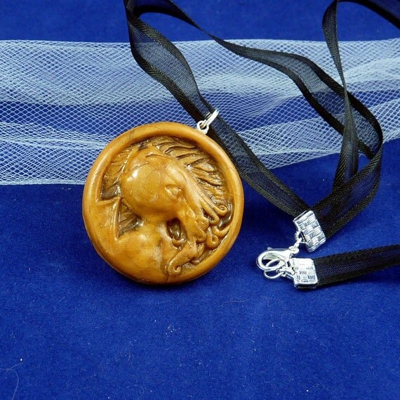 Brass Cthulhu Cameo Necklace - Handmade Polymer Clay Jewelry
