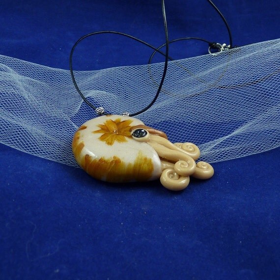 Brown Nautilus Necklace - Polymer Clay Jewelry Pendant