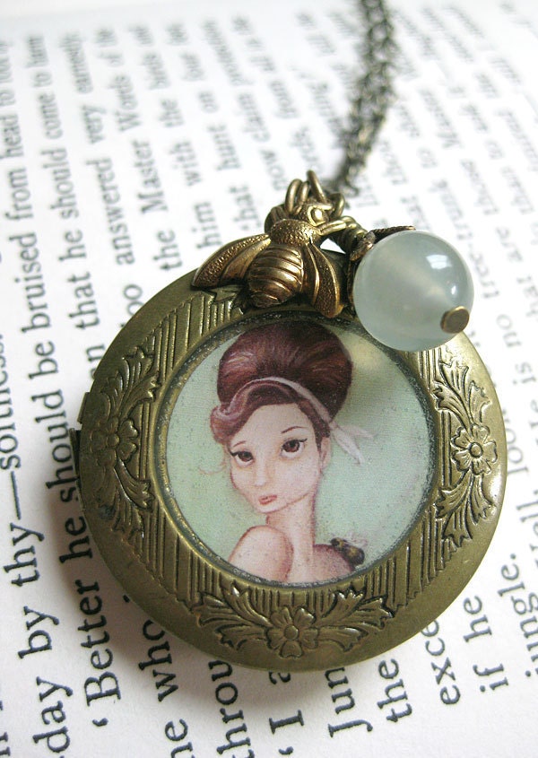 Vintage style locket - The Beehive antique locket honey bee charm necklace
