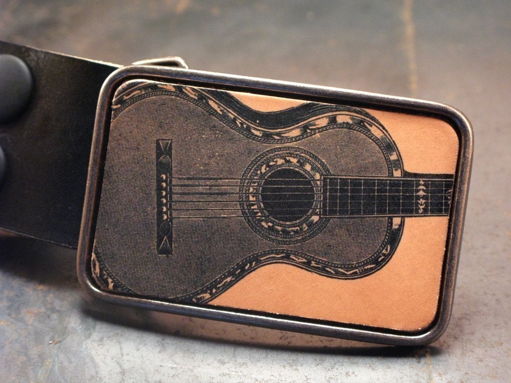 Music belt buckle, The acoustic guitar leather belt buckle in tan