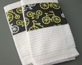 Set of Hand Towels - Bicycles on Gray   - Kitchen Towels Yellow and Grey - Gift Under 20
