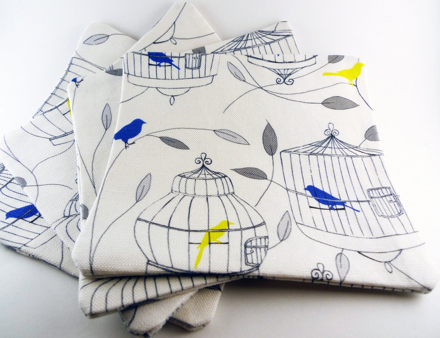Blue Yellow Birds and Cages Fabric Coasters