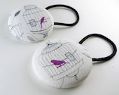 Handmade Purple Birds and Cages Fabric Covered Button Hair Ties
