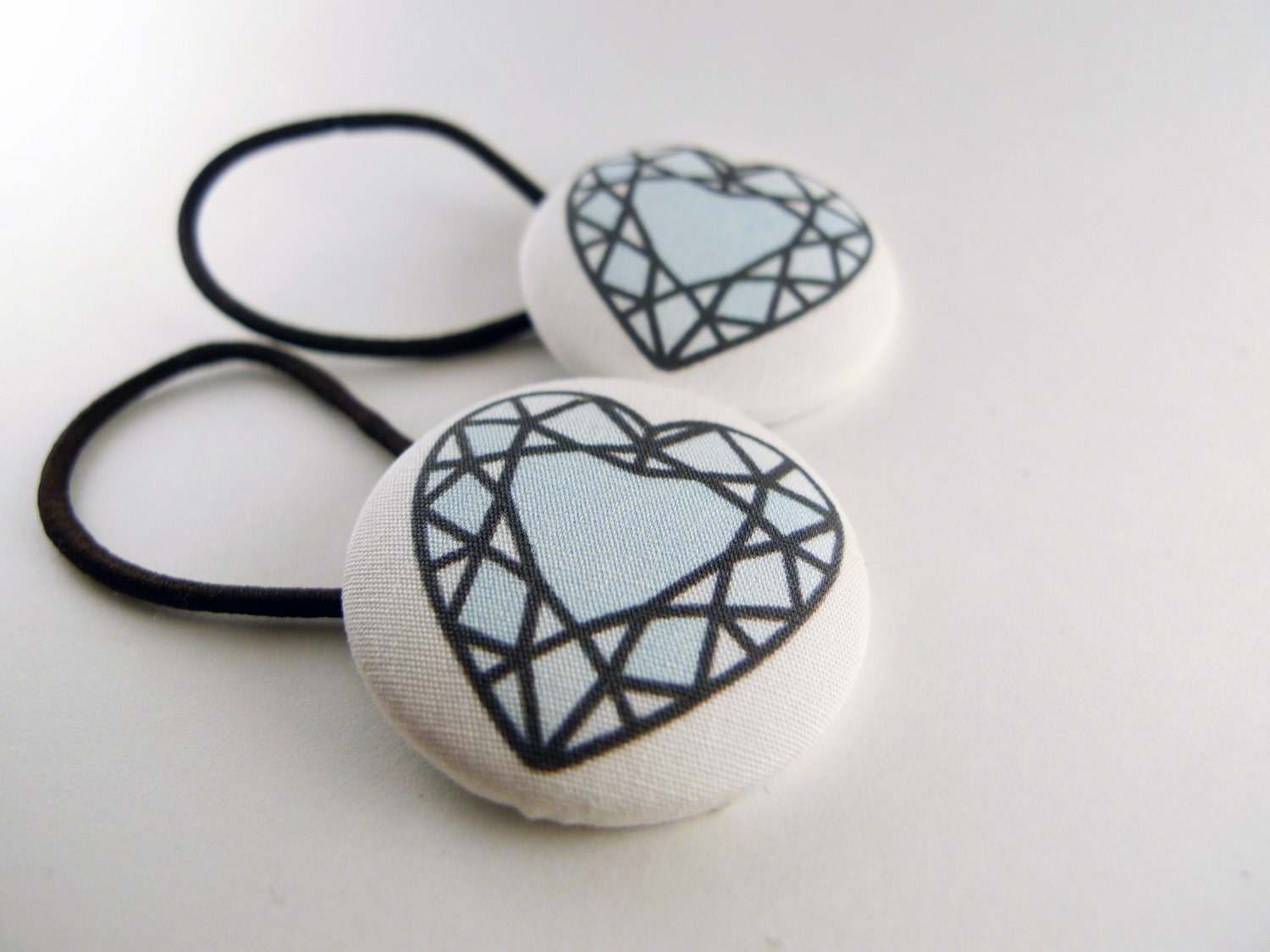 Handmade Heart Cut Diamonds Fabric Covered Button Hair Ties