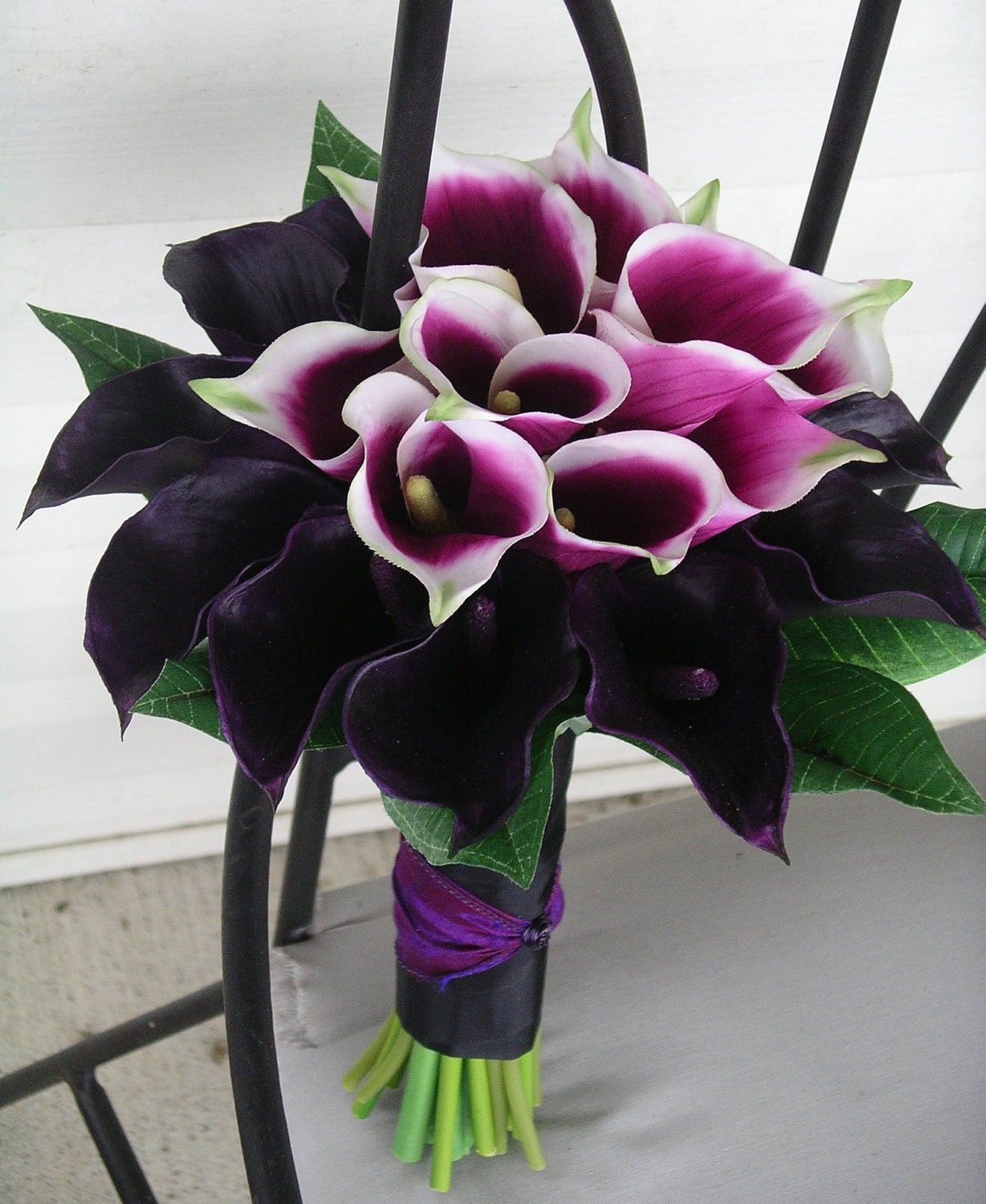 Premium Sangria Picsso and Deep Lapis Purple Calla Lily Grand Wedding BOUQUET & BOUTONNIERE Set  for an Upscale, Black Tie Formal Wedding