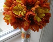 GRAND 10 Inch Gerbera Daisy Wedding BOUQUET & BOUTONNIERE  Set shown in Orange and Yellow perfect for any Fall, Spring , Summer Wedding