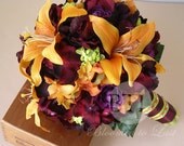 12pc Fall Jewel Tone Silk Wedding Set of Tiger Lilies, Hydrangea, Buttom Mums in Orange, Burgundy, Lime Green & Purple