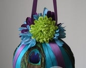 Peacock Feather Pomander/Kissing Ball in Teal, Lime Green, Purple