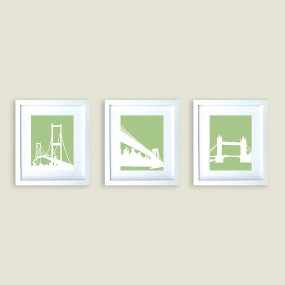 The three great bridges -London's tower bridge,Golden gate Bridge and Brooklyn Bridge, Olive green,silhouette,modern art,decor