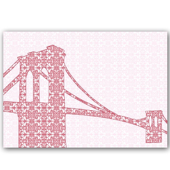 Brooklyn bridge with retro damask design - Fine art print, red, damask design, silhouette,bridge,newyork, america