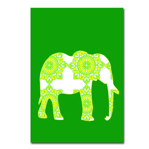 Damask Elephant on lime green  - Fine Art Print Nursery wall decor jungle animal illustration modern art