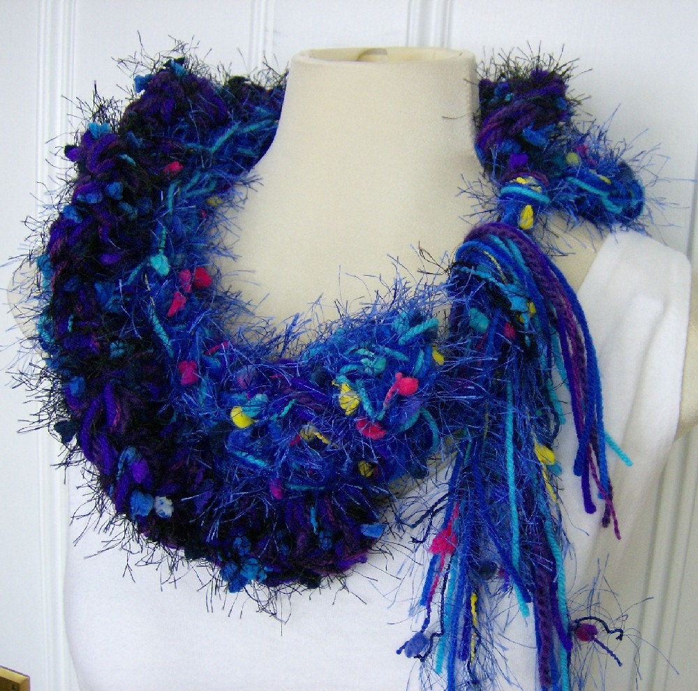 Blue Purple Ruffled Boa Neck Warmer Scarf